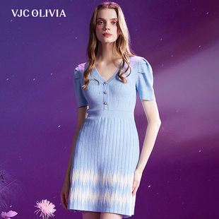 女新品 VJC OLIVIA2024夏季 复古V领撞色针织裙收腰A字短裙修身