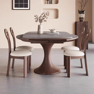 美式中古风实木折叠餐桌岩板2025新款伸缩可变圆桌圆形家用小户型