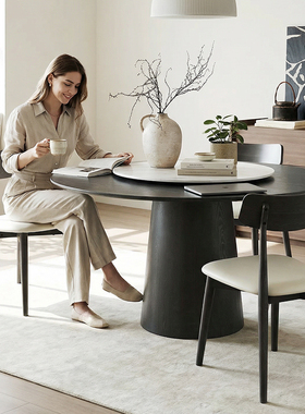 芬尼特实木圆桌法式复古家用小户型饭桌意式极简黑色圆餐桌椅组合