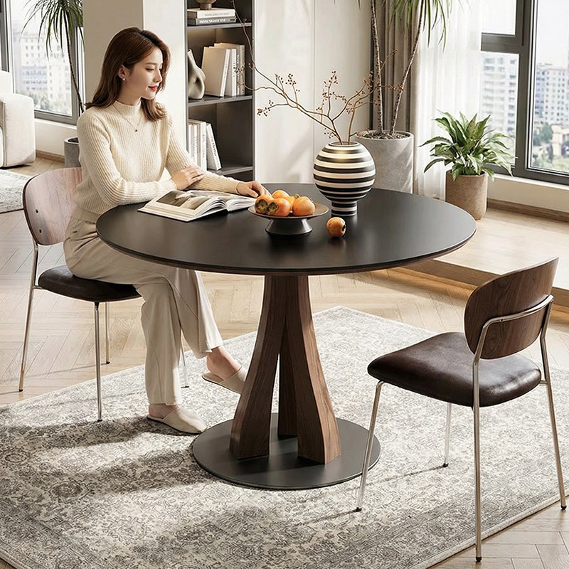 中古风实木圆桌家用小户型法式复古岩板餐桌椅组合圆形饭桌吃饭桌