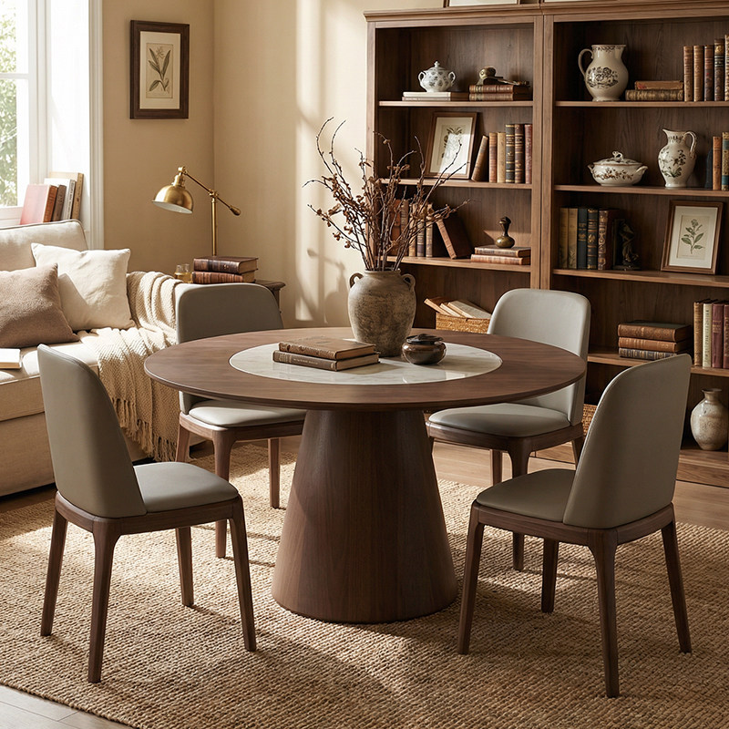 中古实木圆形餐桌黑胡桃色内嵌岩板转盘家用圆桌大户型白蜡木饭桌,住宅家具,岩板餐桌,淘宝优惠券,粉丝福利购,淘宝优惠卷