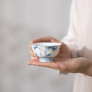 羊脂玉瓷手绘清竹花瓣杯茶杯单杯陶瓷家用品茗杯中式 高档主人杯