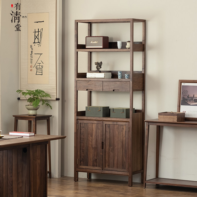 有清堂北美黑胡桃木博古架实木茶具茶柜收纳柜置物架茶架多宝阁