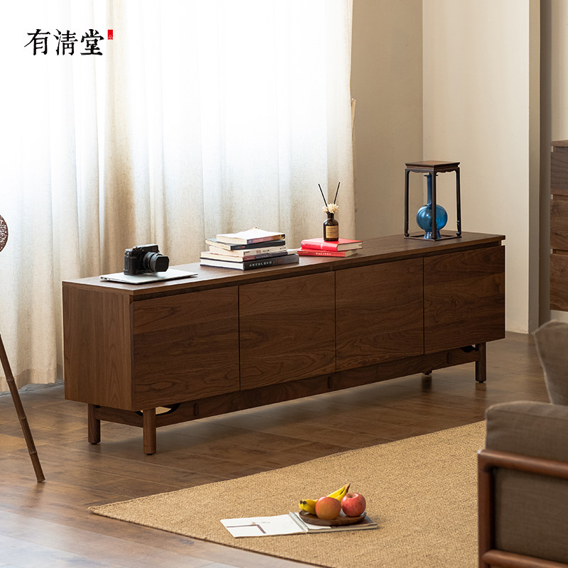 有清堂新中式北美黑胡桃木电视柜收纳储物柜一体实木柜宋式美学