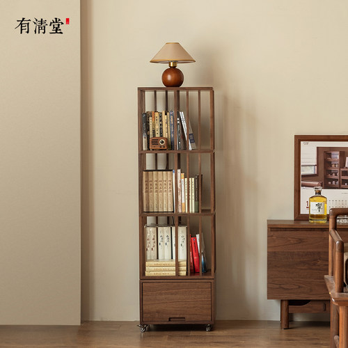 有清堂新中式黑胡桃木实木书架落地置物架360度旋转移动书柜家用