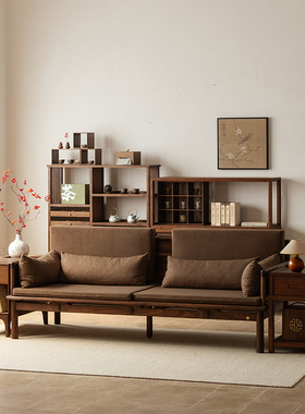 有清堂新中式实木罗汉床北美黑胡桃木推拉床伸缩实木沙发宋代美学