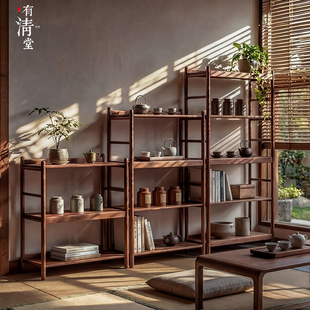 有清堂新中式金丝柚木实木置物架家用收纳架茶具陈列架博古架鞋架