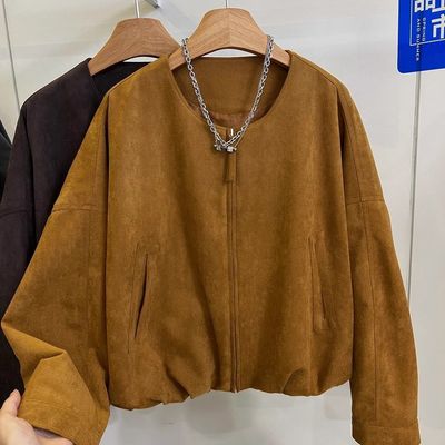 韩系复古仿麂皮绒圆领外套女秋冬款小个子气质洋气短款高级感上衣