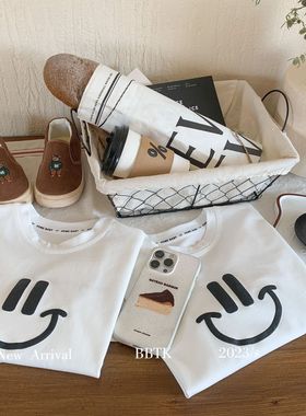 儿童T恤2025邦诚秋季新品男女童韩版大笑脸白色T恤宽松上衣 F0035