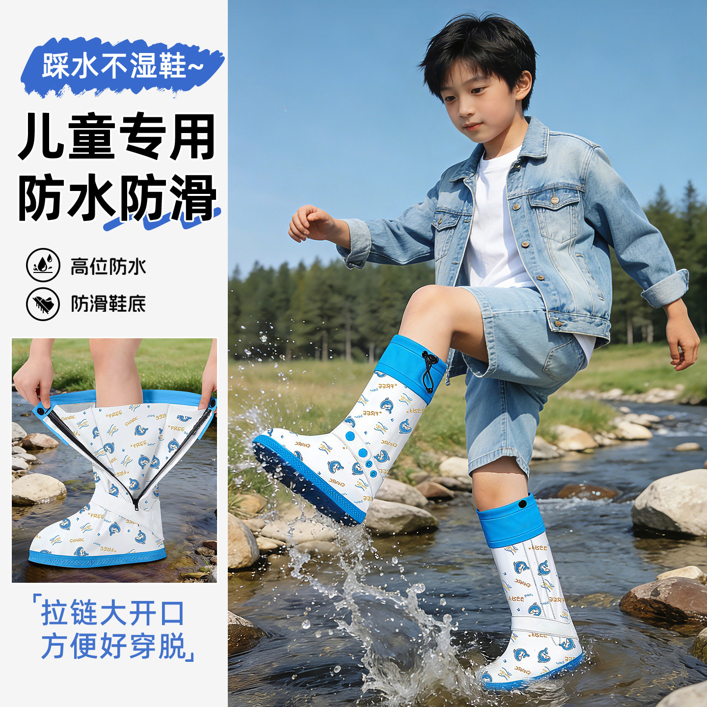 儿童防水鞋套防水防滑加厚耐磨雨鞋套小学生上学男孩女孩户外脚套