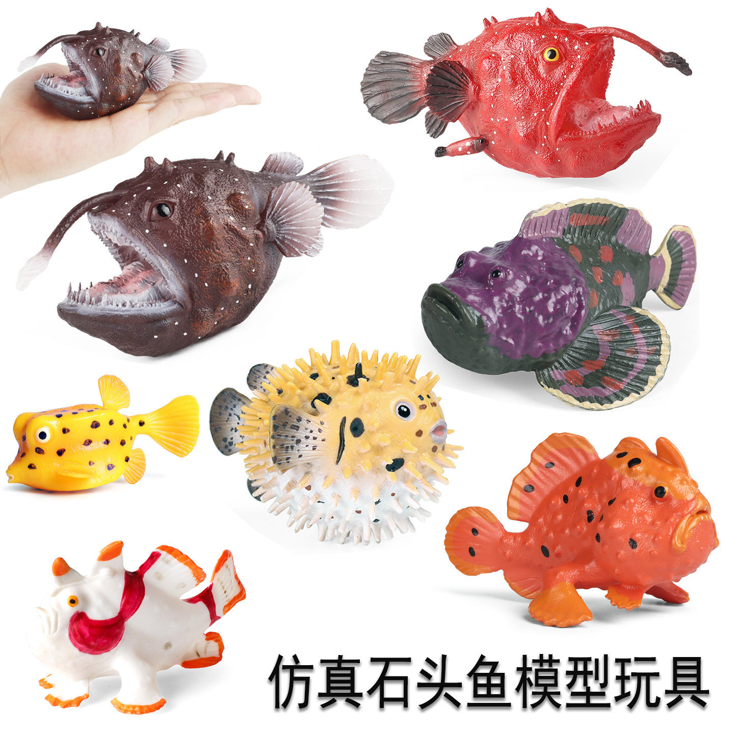 仿真实心海洋生物动物模型玩具鮟鱇鱼箱鲀鱼刺豚石头鱼鱼缸摆件