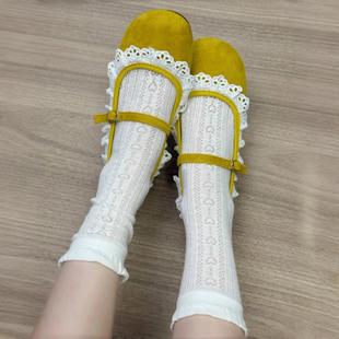 薄款 夏季 镂空棉袜网眼袜子女ins韩泡泡口纯色中筒棉质花边堆堆袜