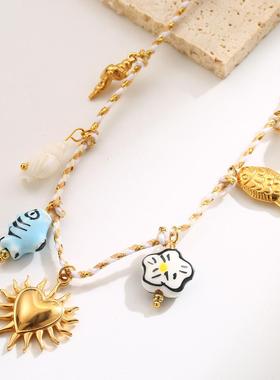 欧美潮流嘻哈风彩色项链女简约星星海螺爱心樱桃贝壳吊坠项饰配饰