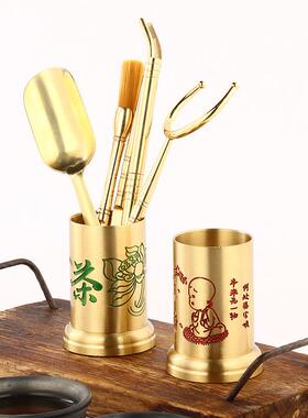 黄铜茶道六君子6件套功夫茶具配件茶艺套黄铜茶夹勺叉刀刷筒
