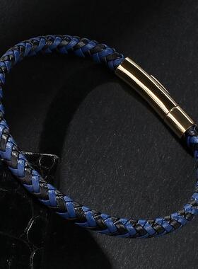 韩版潮流首饰男士女士编织绳皮手链蓝色简约金色钛钢按扣手环