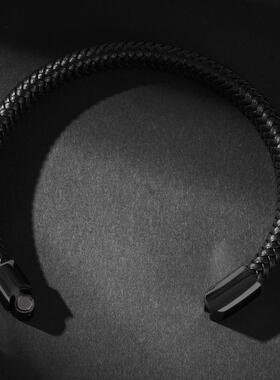 WISH亚马逊爆款首饰钛钢编织皮手镯欧美时尚简约男女手环黑色