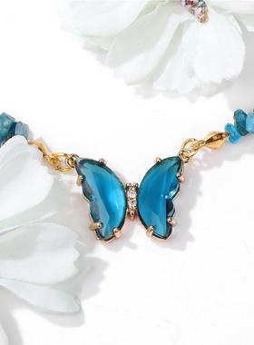 亚马逊跨境热卖石头碎石珠子项链女简约百搭蝴蝶宝石毛衣项饰