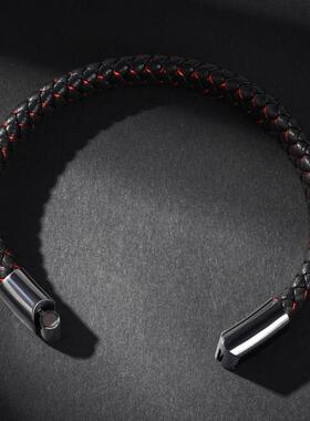 跨境新款手饰钛钢黑色编织皮手镯欧美时尚精品男女款手环多色