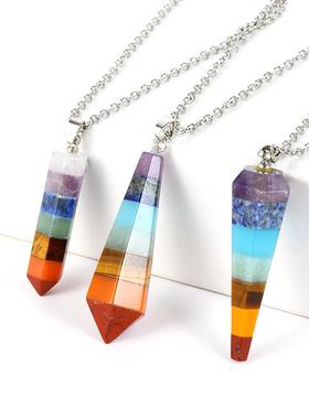 跨境热销天然水晶灵摆七彩粘合切面吊坠锥形六角柱项链饰品