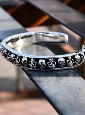 黑暗哥特风骷髅头朋克开口泰银手镯男款复古机车合金手环