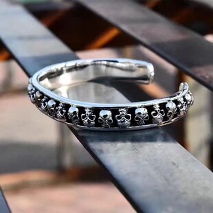 黑暗哥特风骷髅头朋克开口泰银手镯男款复古机车合金手环