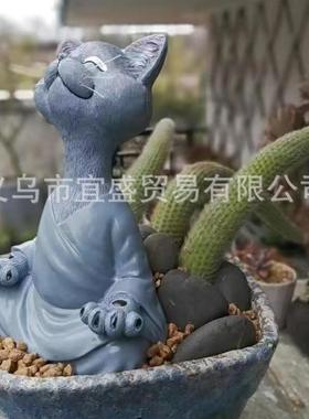 跨境新款坐禅猫黑色橘色灰色三色打坐胡须猫树脂摆件庭院设计