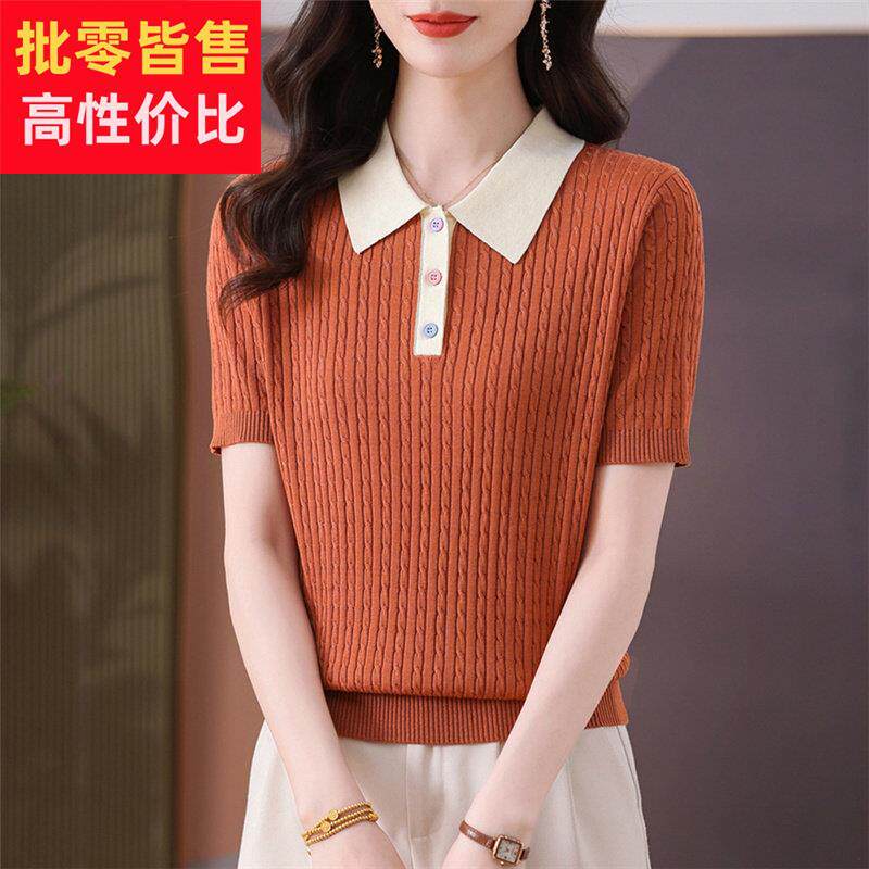 2025夏季新款桑蚕丝短袖t恤女橘色洋气翻领冰丝上衣宽松针织小衫