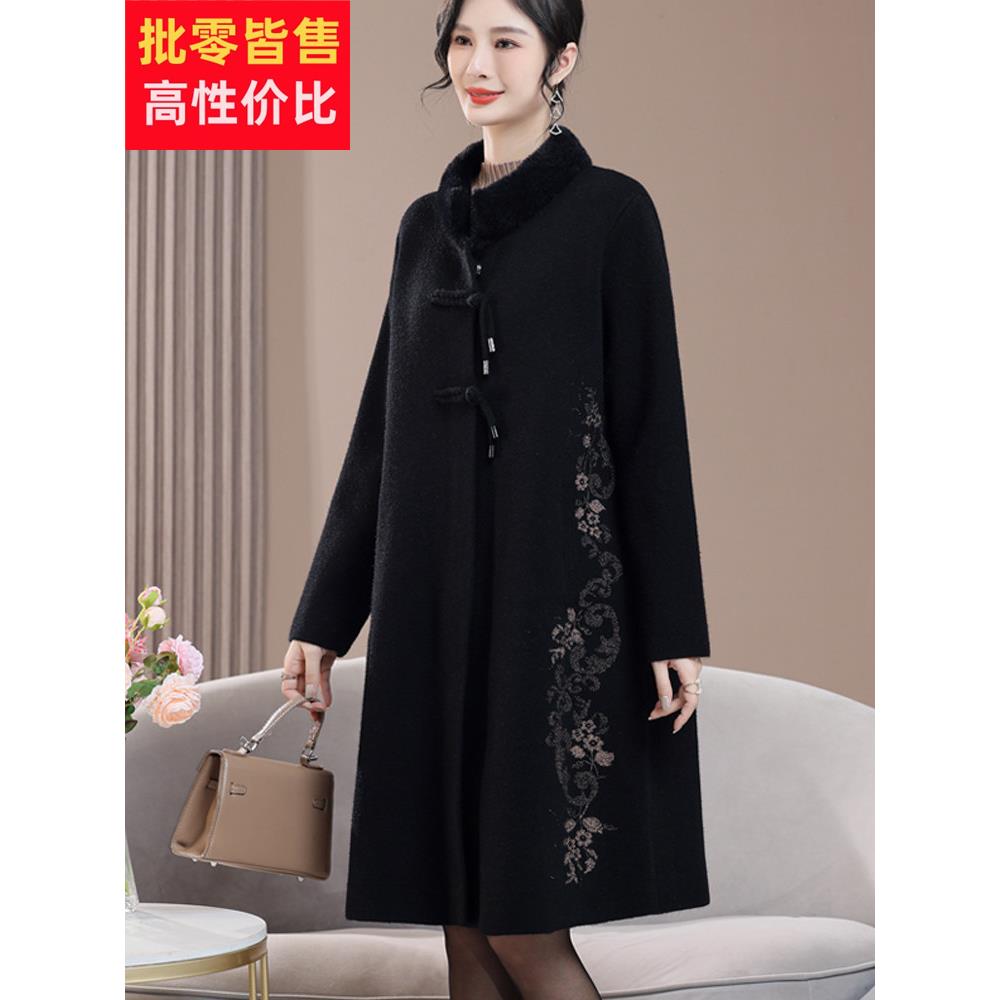 妈妈秋冬双面呢子大衣新款贵夫人加肥特大码厚风衣外套中老年女装