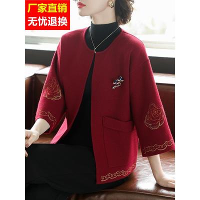 中老年女装妈妈春装短款针织开衫外套春秋款上衣喜婆婆婚宴装礼服
