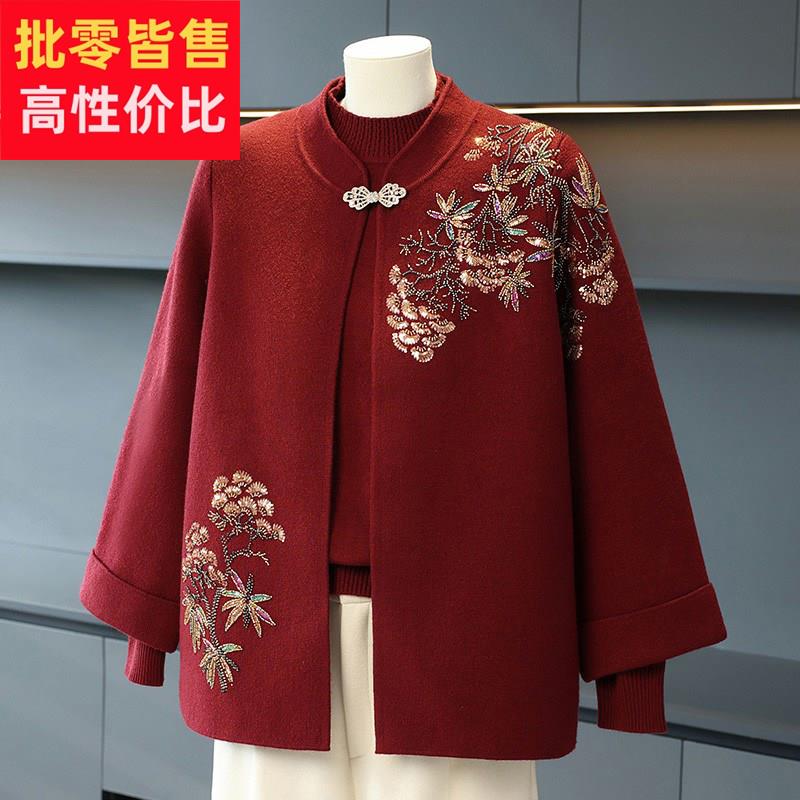 中年妈妈装春秋冬季针织衫上衣两件套装中老年大码女装外套女礼服