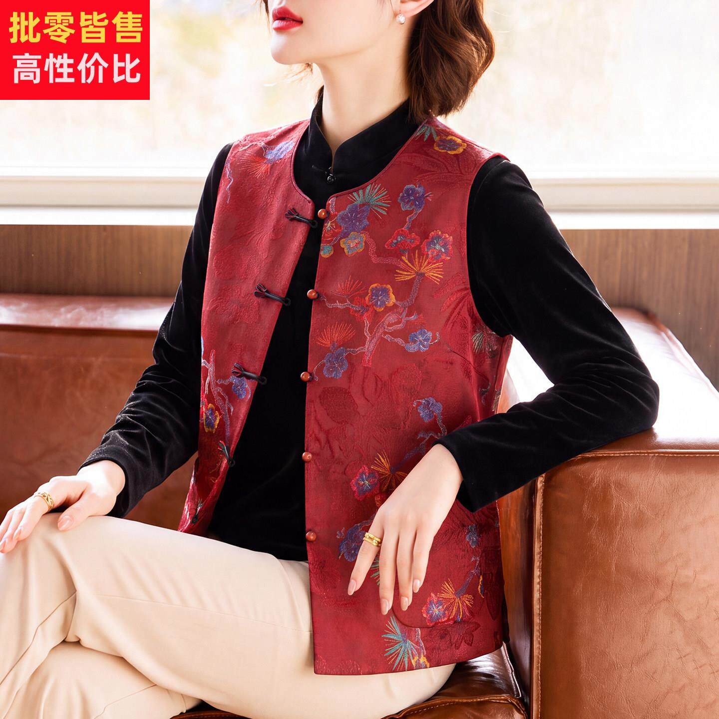 中年妈妈秋装国风印花马甲外套2026新款中老年女装新中式坎肩上衣