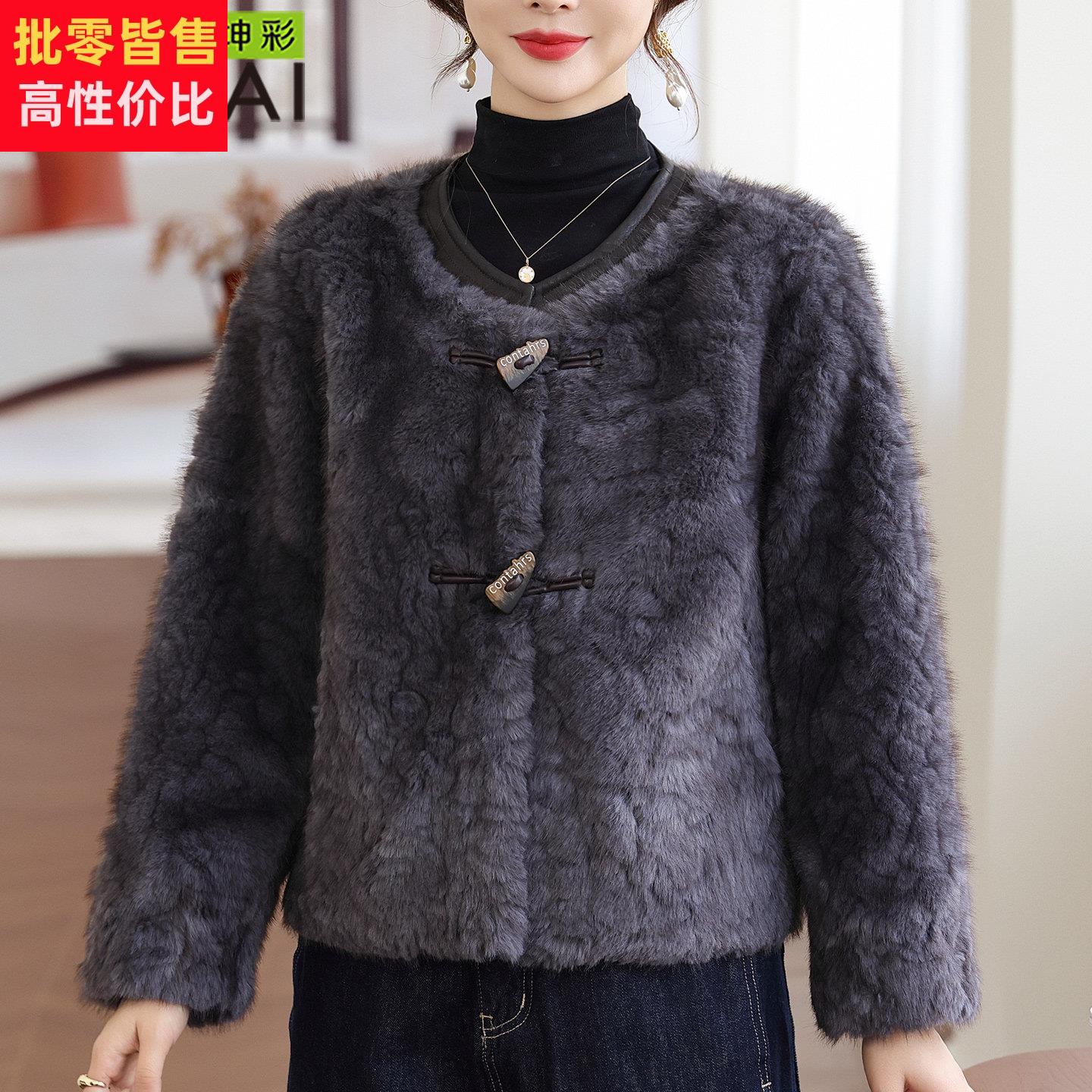 水貂绒大衣女2025秋冬季新款中老年人妈妈装短款皮毛一体呢子外套
