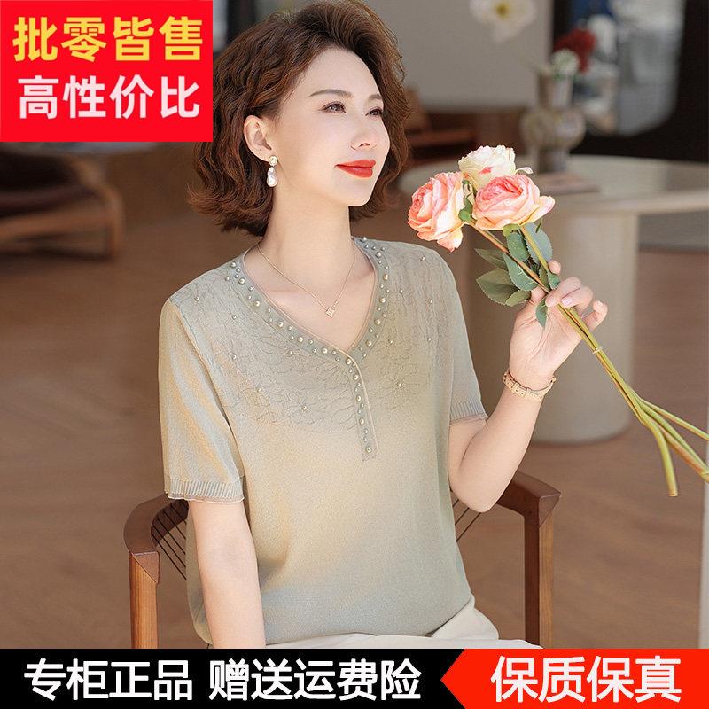 妈妈夏装桑蚕丝短袖T恤衫新款中老年女装夏季V领时尚上衣薄款小衫