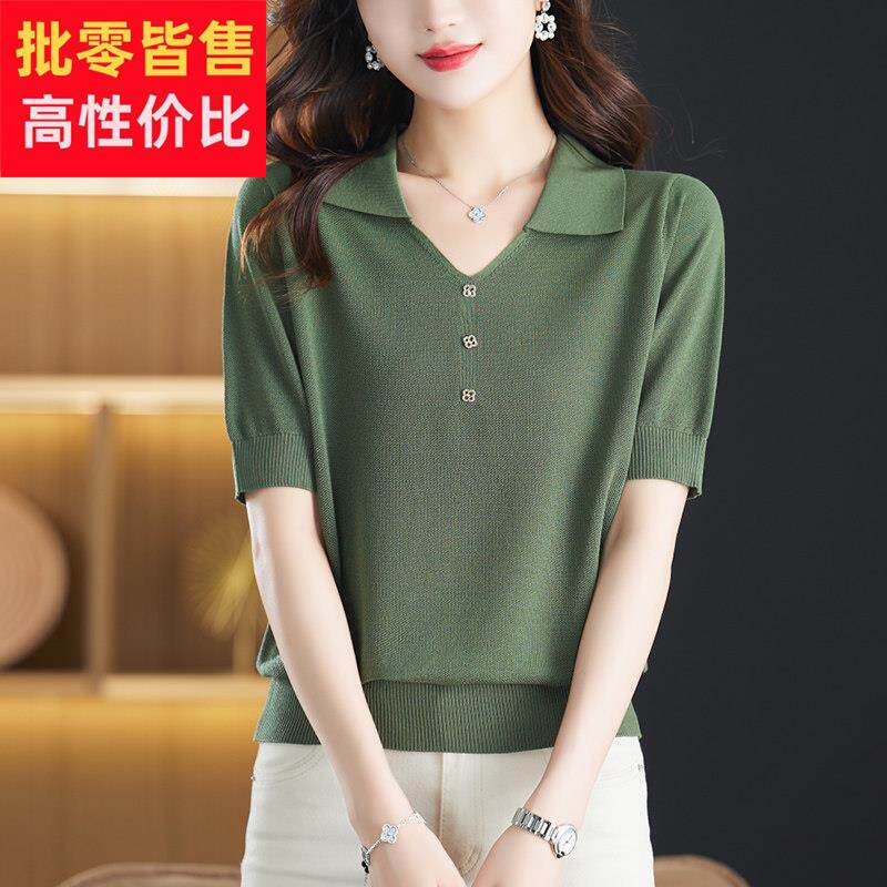 polo领冰丝短袖t恤女薄款中年妈妈夏装遮肚针织胖mm大尺码显瘦上