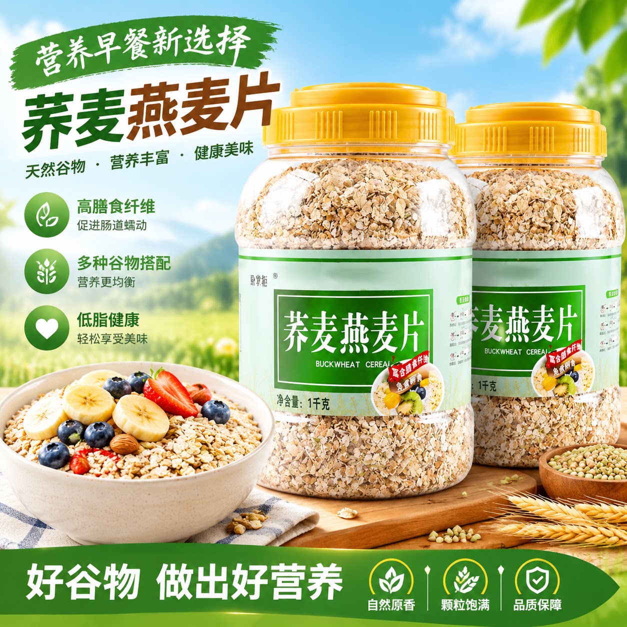 2斤装不甜原味荞麦燕麦片免煮