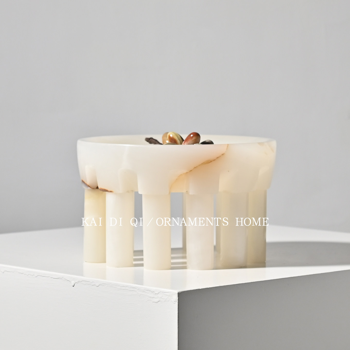 轻奢天然冰透玉石罗马柱果盘新中式样板间酒店装饰桌面收纳盘摆件