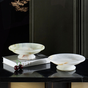 天然玉石果盘餐点盘高脚托盘轻奢家居摆件中古风收纳盘民宿样板间