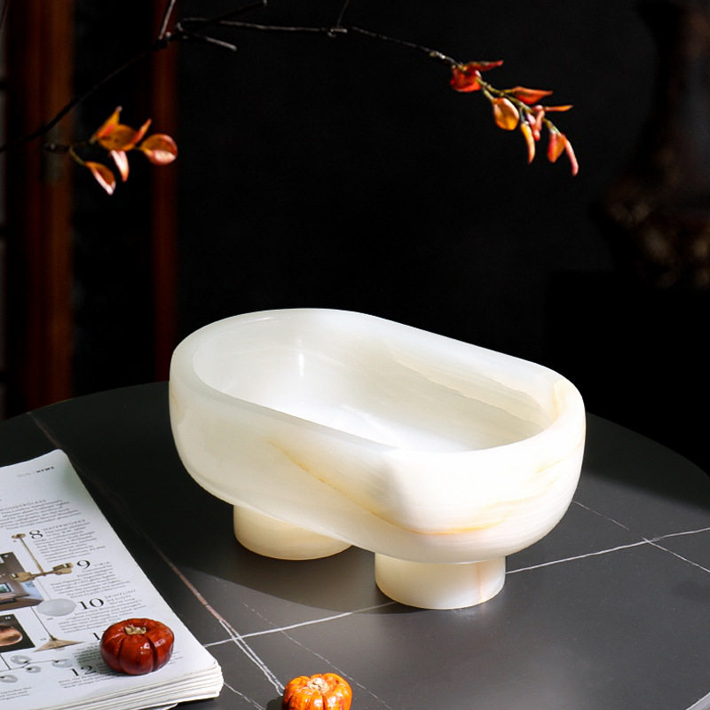 现代北欧轻奢高档白玉摆件设计师样板房饰品售楼部果盘桌面收纳盘