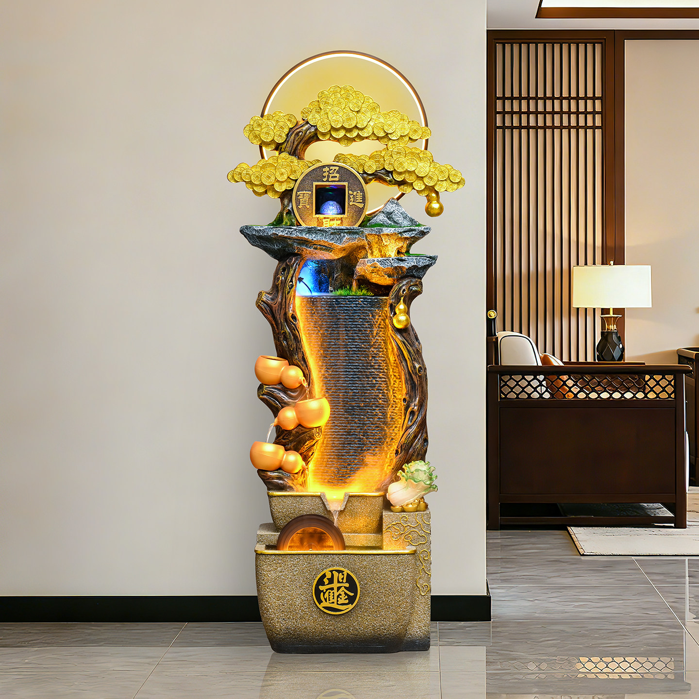 轻奢假山水幕墙流水摆件循环水招财客厅电视柜风水轮乔迁开业礼物