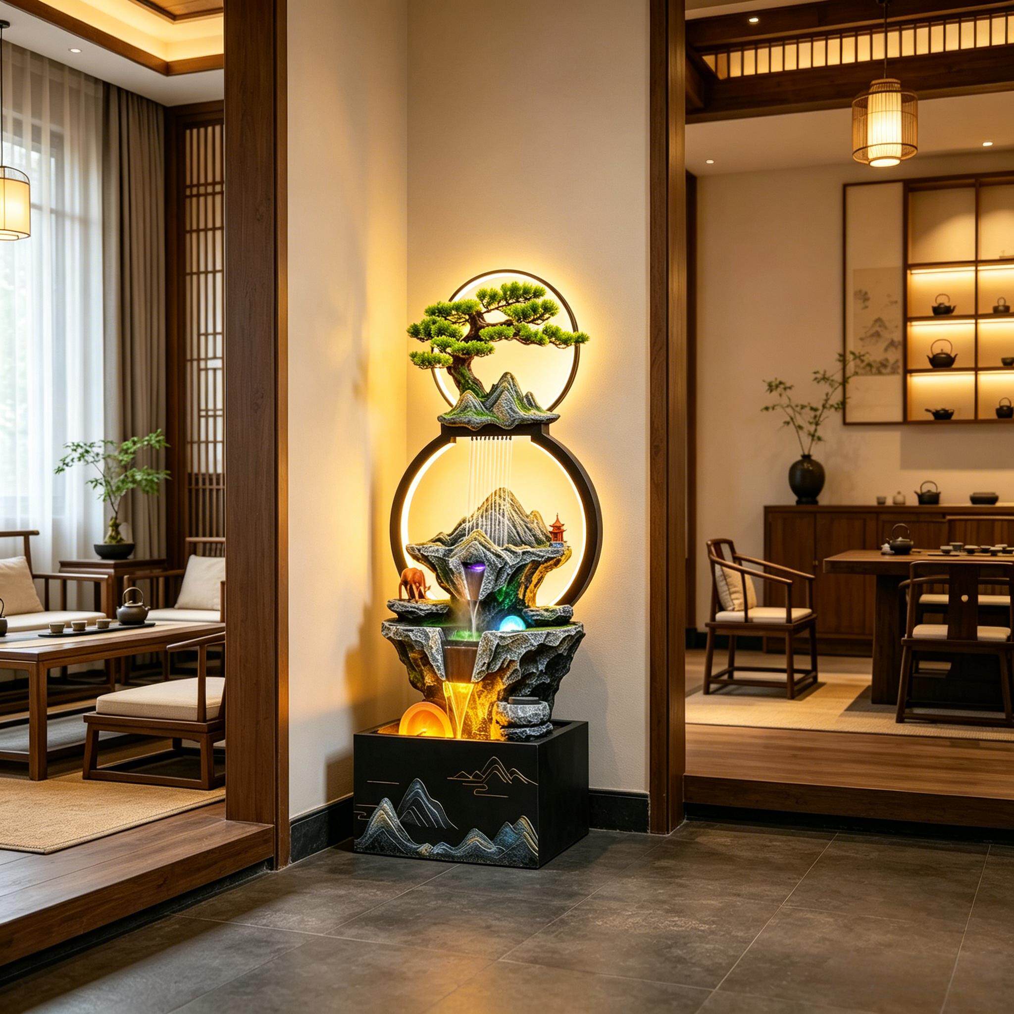 新店开业送礼酒店餐馆前台招财装饰物书房茶室禅意流水摆件加湿器
