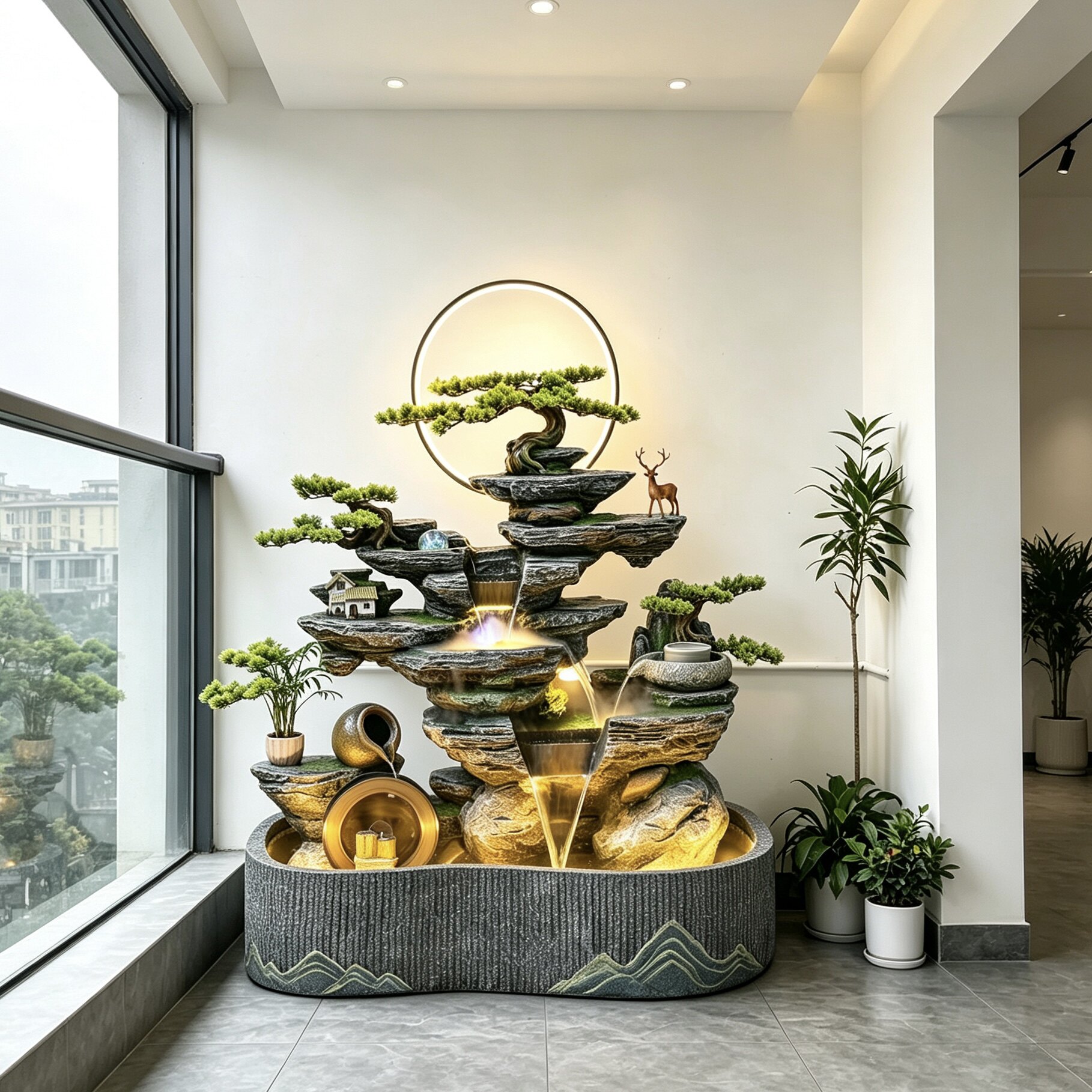 别墅民宿阳台风水装饰物中式古法鱼缸水循环摆件加湿器水幕墙屏风