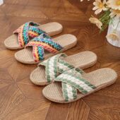 居家室内防滑轻便透气吸汗软底地板 夏季 居家贵妇拖鞋 女士亚麻拖鞋