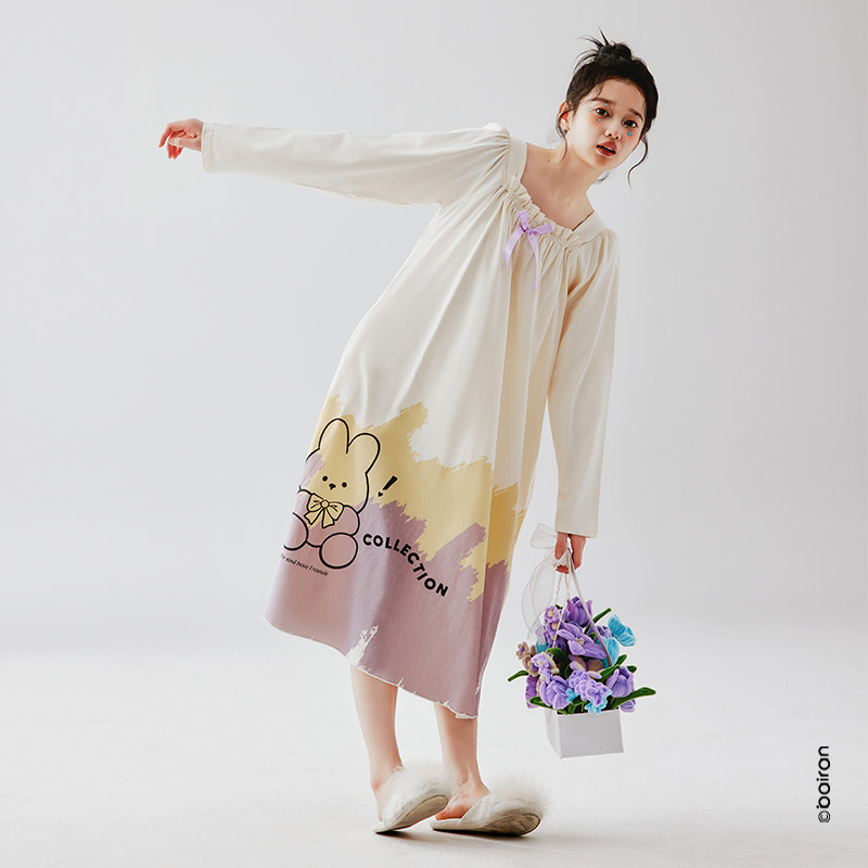 白冉睡裙女纯棉长袖春秋卡通萌兔可外穿家居服夏薄款中长款2025年,女士内衣/男士内衣/家居服,睡裙,淘宝优惠券,粉丝福利购,淘宝优惠卷