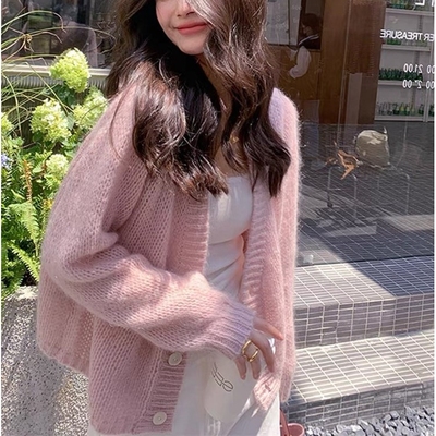 温柔风软糯针织开衫小外套慵懒马海毛毛衣短款v领宽松上衣女春秋