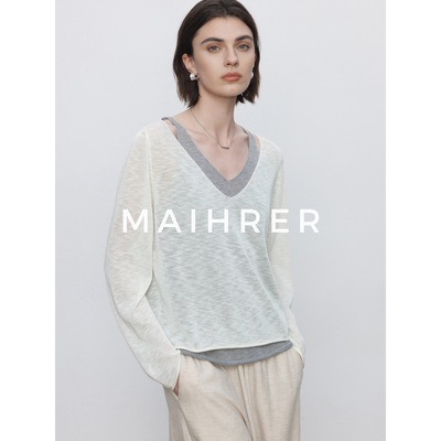 CHICJRE/慵懒假两件针织衫女士2026春夏新款设计感v领长袖上衣t恤