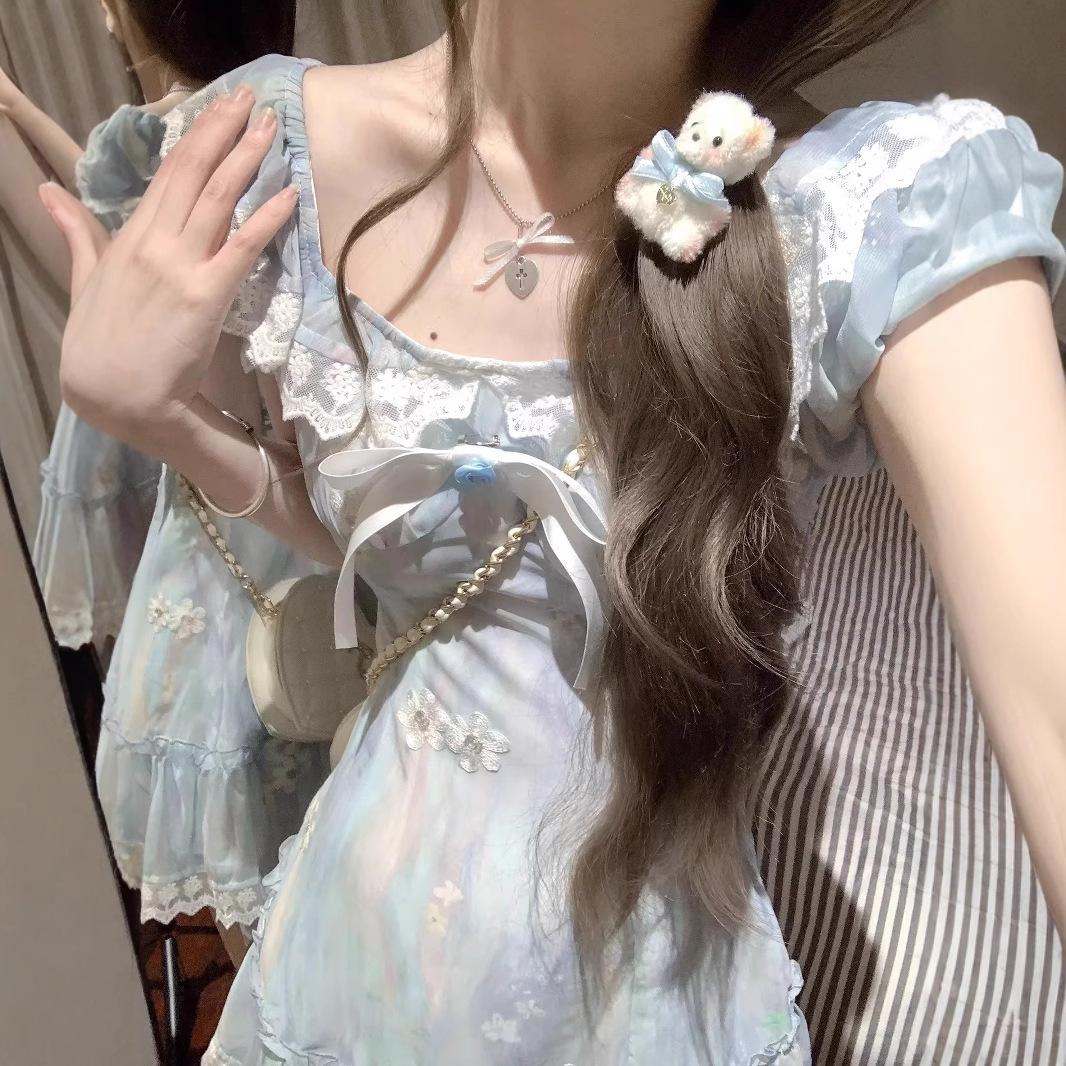 学院风蕾丝拼接蓬蓬裙女夏季新款小个子穿搭蝴蝶结短款碎花连衣裙