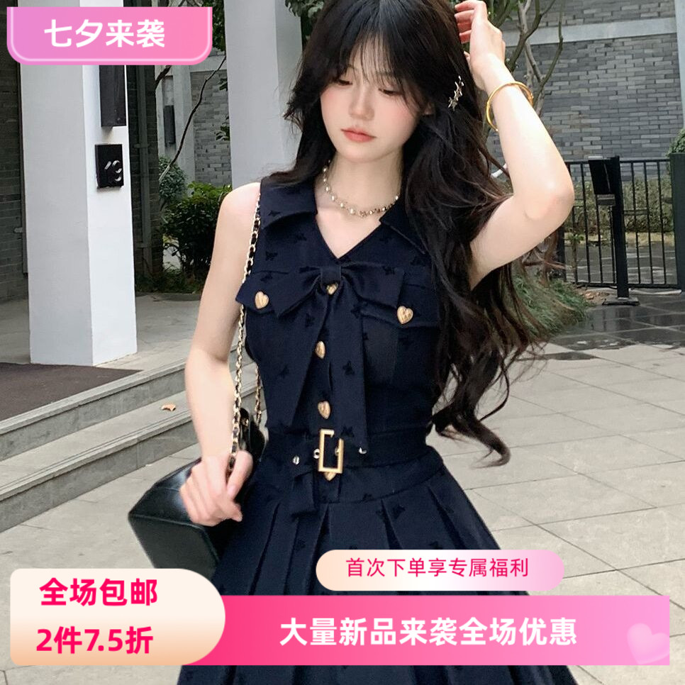 新款雾都蓝调 新款法式学院无袖翻领蝴蝶结收腰显瘦百褶连衣裙