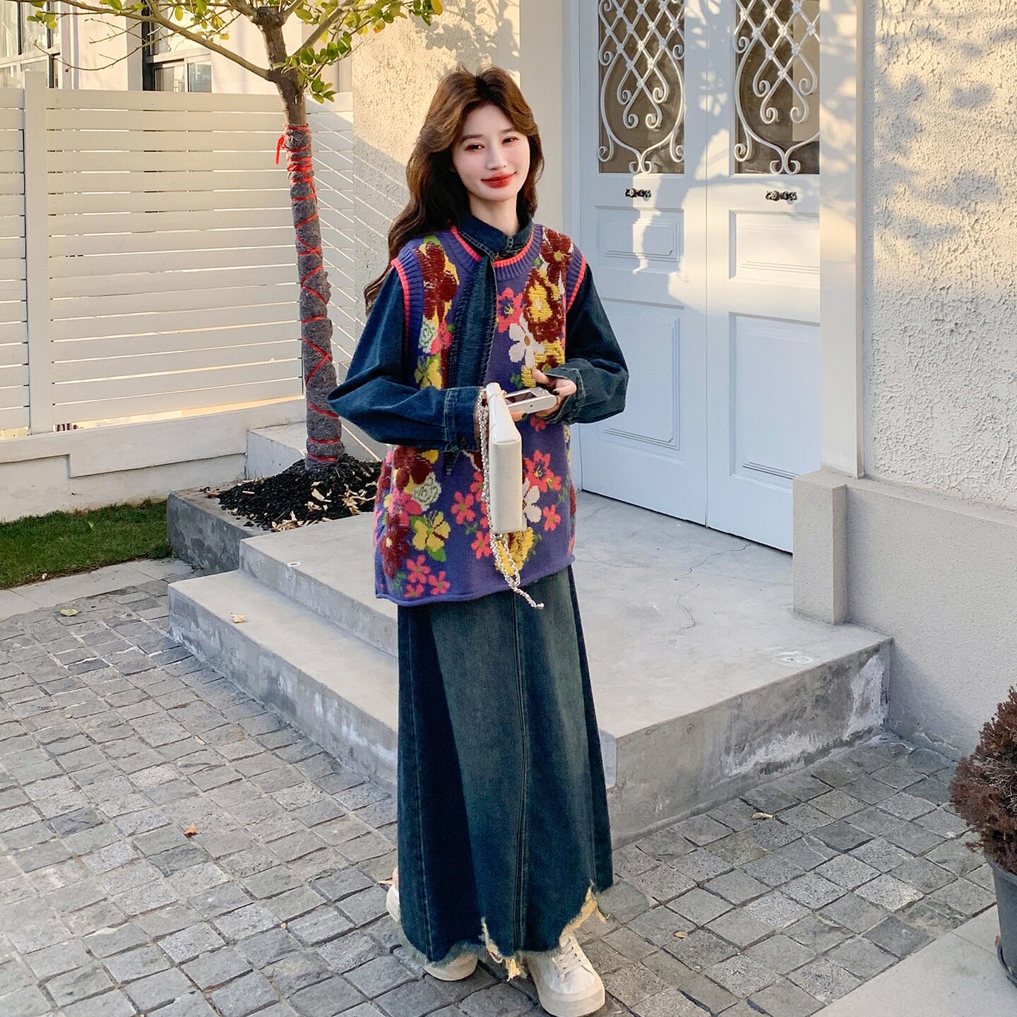复古花朵针织马甲牛仔套装女2026秋上新小个子文艺森系叠穿两件套