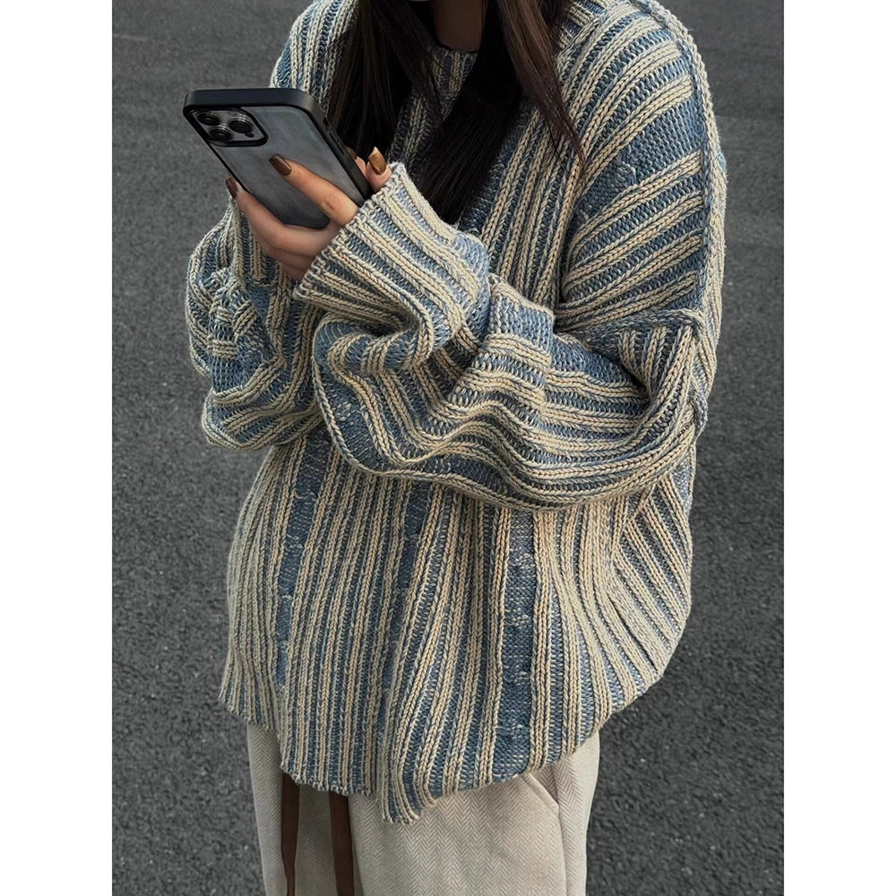 小个子复古撞色条纹毛衣女春秋