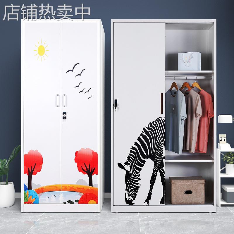 跨境钢制家用印花柜储物柜阳台柜卡通移门衣柜拆装推拉门收纳柜子